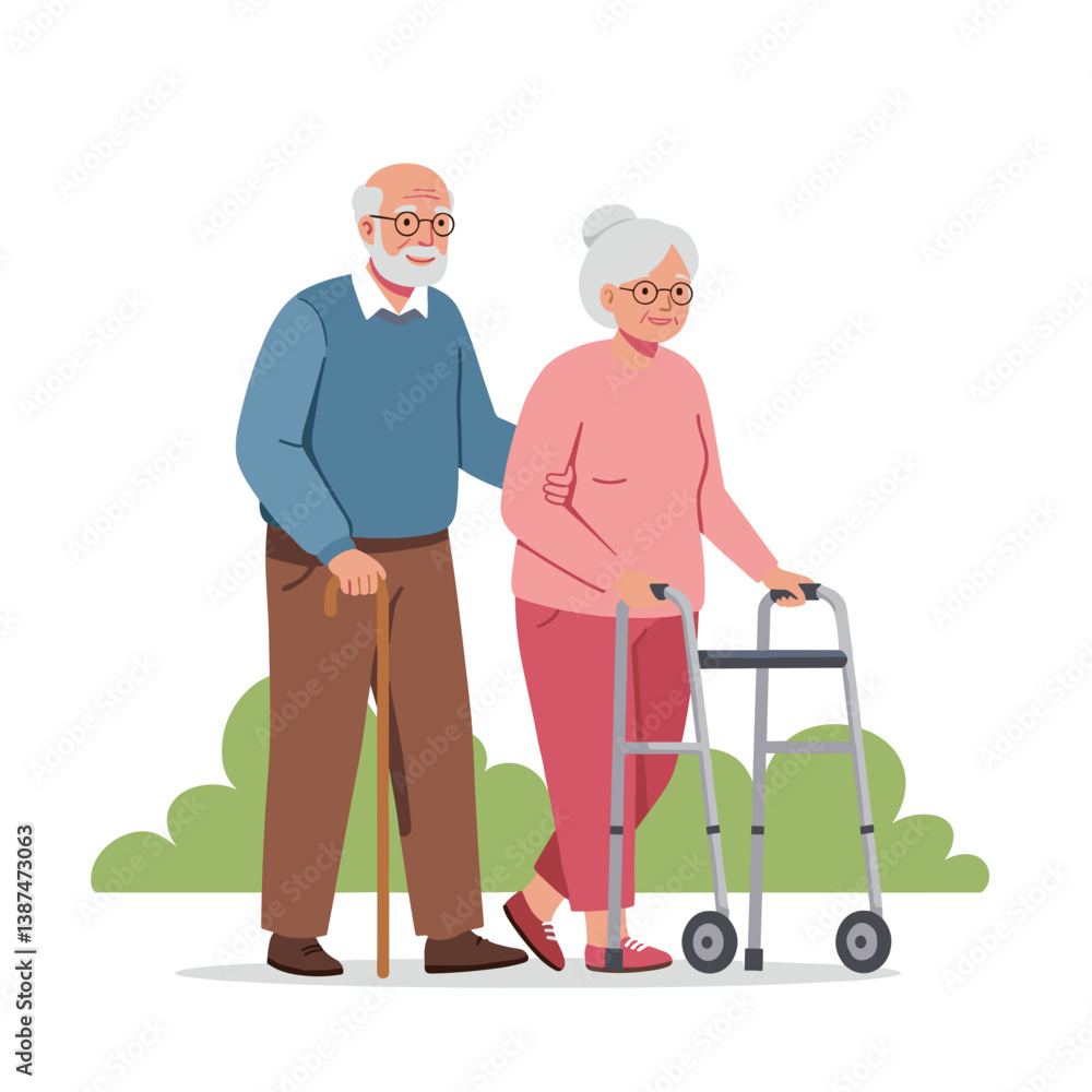 Elderly couple walking together with assistive devices in a park Elderly couple walking together with assistive devices in a park