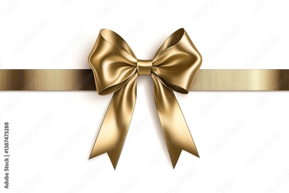 Golden Satin Bow on Ribbon, White Background, Gift Wrapping Golden Satin Bow on Ribbon, White Background, Gift Wrapping