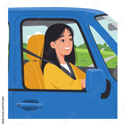 Happy woman driving a blue car against a scenic background  