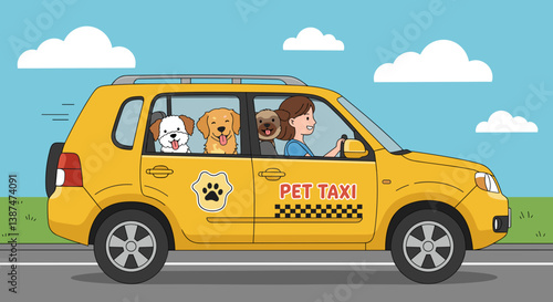 Happy pets riding in a pet taxi against a sunny sky  