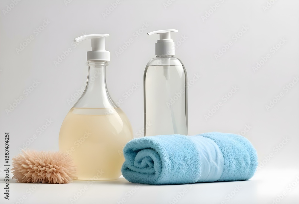 Bottle, soap and towel, isolated on white Bottle, soap and towel, isolated on white