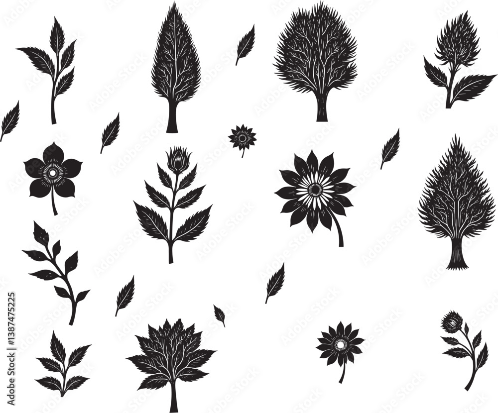 Naklejka premium set of leaves and tree silhouettes