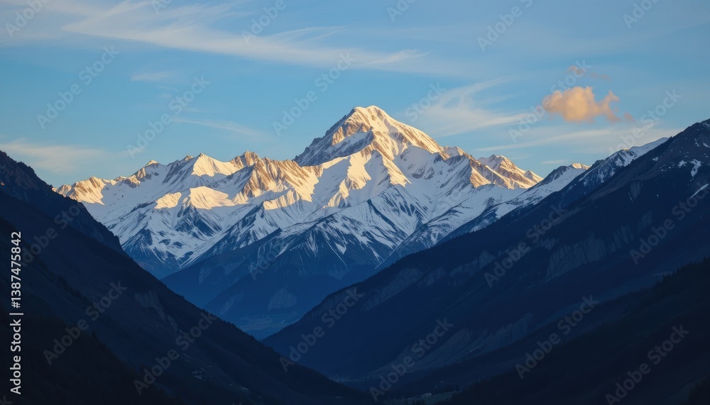 Fototapeta premium Majestic Snow-Capped Mountain Range at Sunrise Breathtaking Valley View
