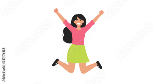 Happy girl jumping with joy against a white background  