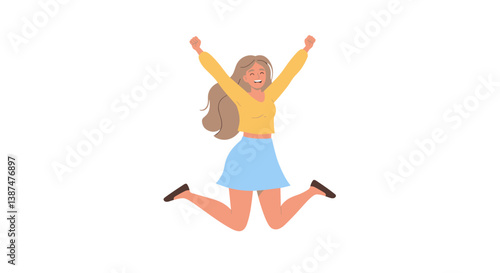 Happy woman jumping joyfully in a light-colored outfit  