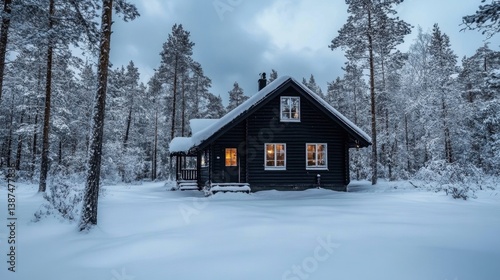 View of a Scandinavian cottage with minimalist design in a snowy forest setting.