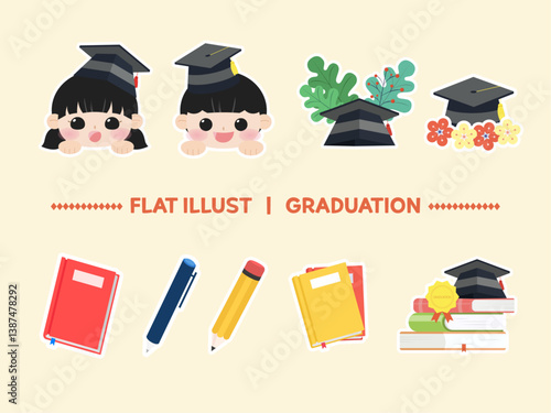 Education, graduation illustration. Children wearing graduation caps and mortarboards, various education related illustration set design. Vector illustration.