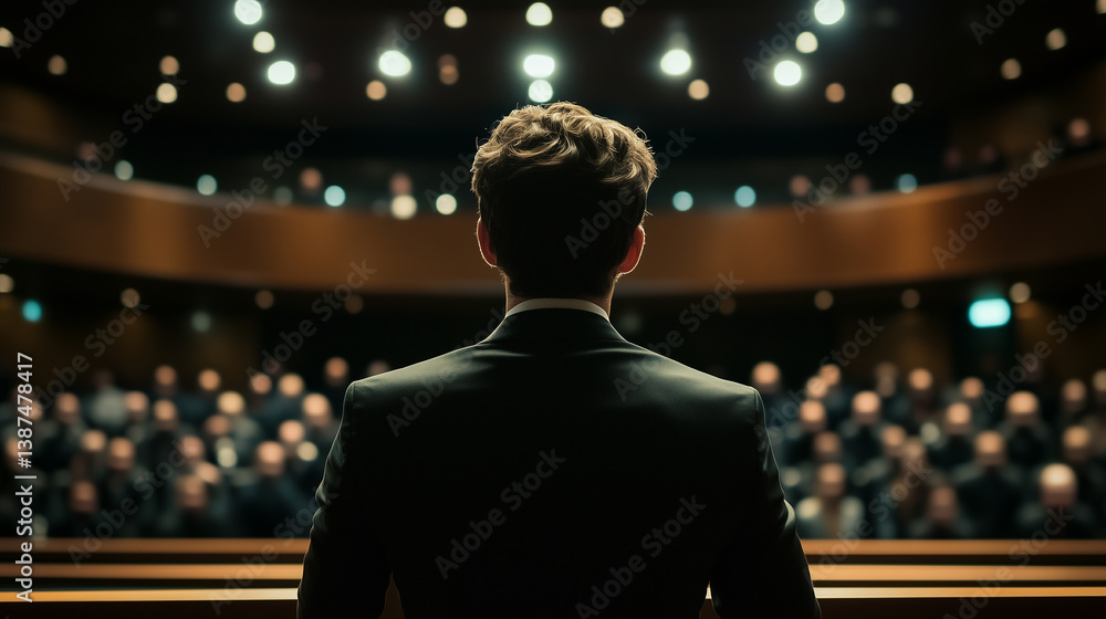 Fototapeta premium Professional speaker addressing audience at business conference, upper body rear view with studio lighting and blurred crowd