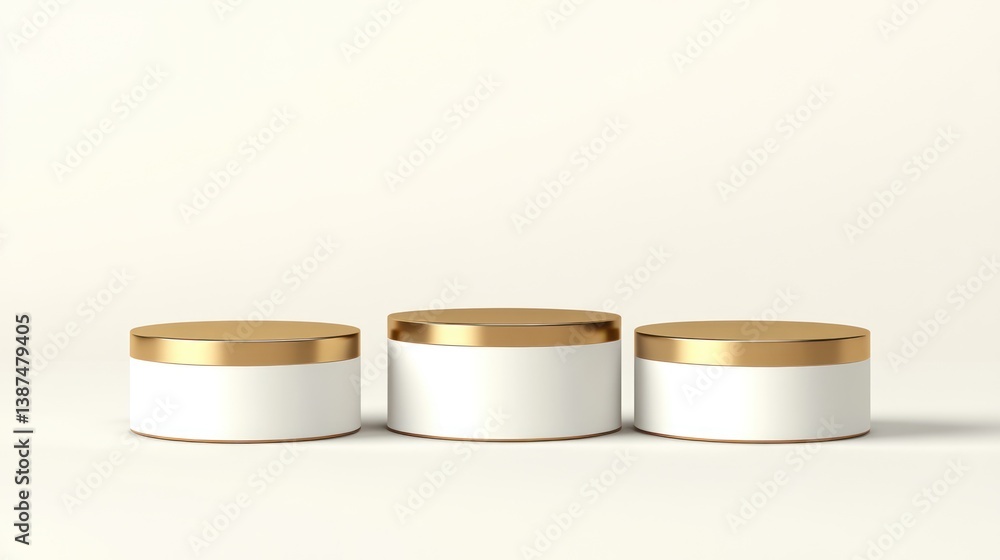 Three Gold-Lined White Pedestals, Product Display, Minimalist Scene, Studio Shot, Use for Beauty or Fashion, Mockup Three Gold-Lined White Pedestals, Product Display, Minimalist Scene, Studio Shot, Use for Beauty or Fashion, Mockup