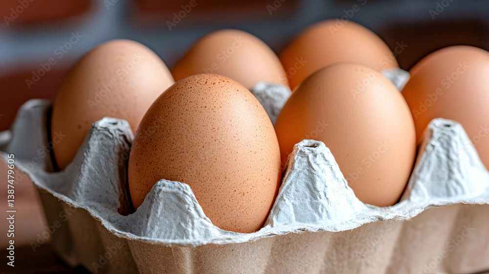 Close Up of Speckled Brown Eggs in Cardboard Carton Close Up of Speckled Brown Eggs in Cardboard Carton