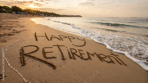 Calm seaside evening with heartfelt retirement message in sand and waves softly washing ashore