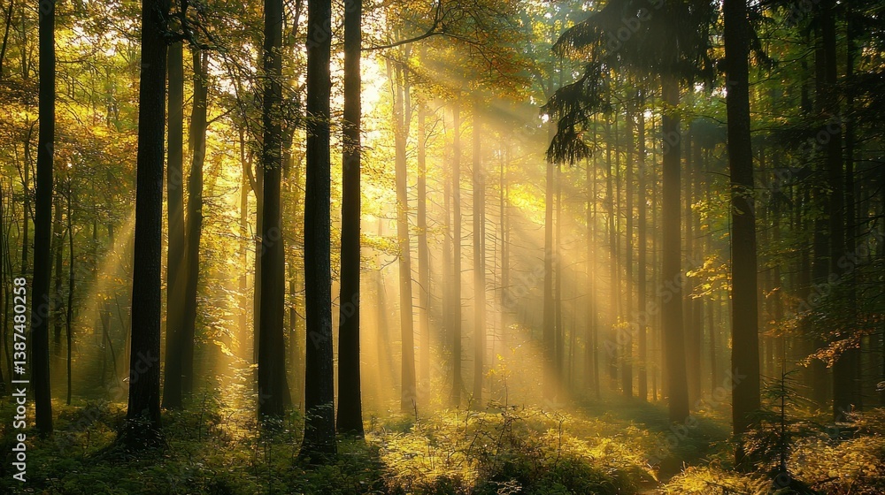 Fototapeta premium Sunbeams Dance Through Mystical Forest