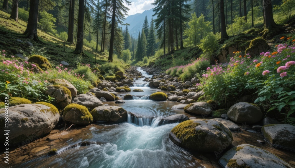 Fototapeta premium Serene Mountain Stream Flowing Through Lush Forest with Wildflowers