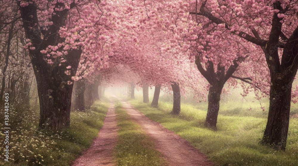 Naklejka premium Enchanted Pink Blossom Pathway: A Dreamlike Spring Landscape