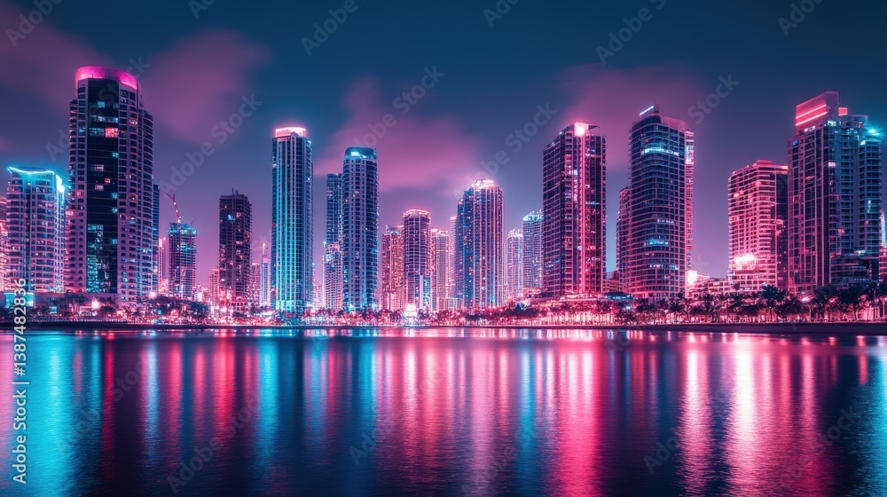 Fototapeta premium A futuristic city skyline illuminated by neon lights, towering skyscrapers reflecting on the water.