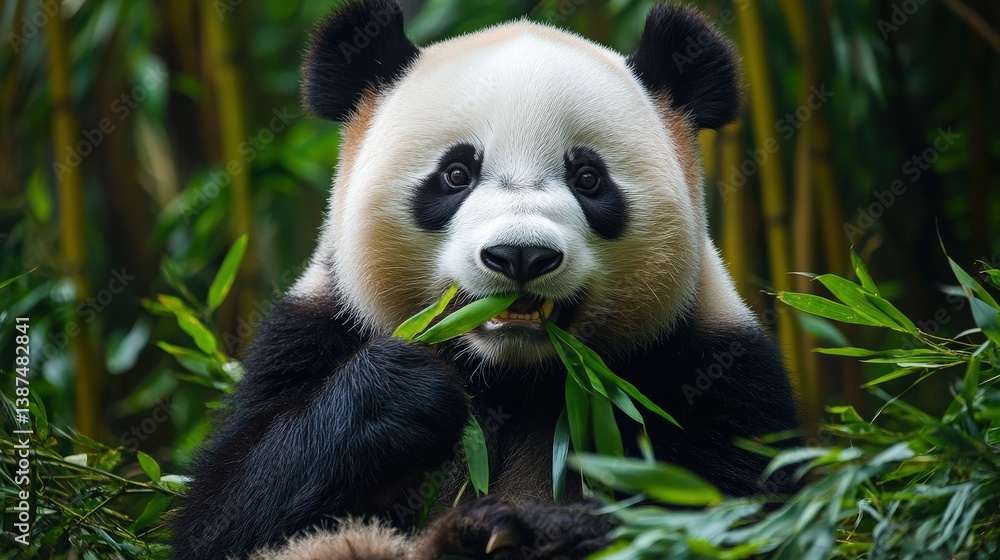 A giant panda sitting in a bamboo forest, peacefully chewing on fresh green leaves. A giant panda sitting in a bamboo forest, peacefully chewing on fresh green leaves.