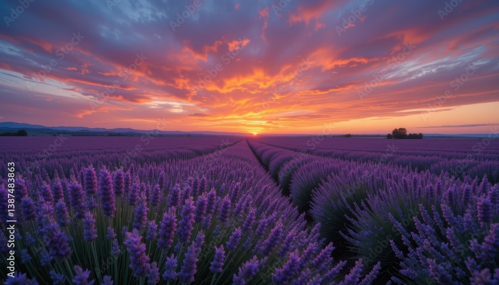 Breathtaking Sunset over a Lavender Field A Serene Landscape of Purple and Orange Hues Breathtaking Sunset over a Lavender Field A Serene Landscape of Purple and Orange Hues