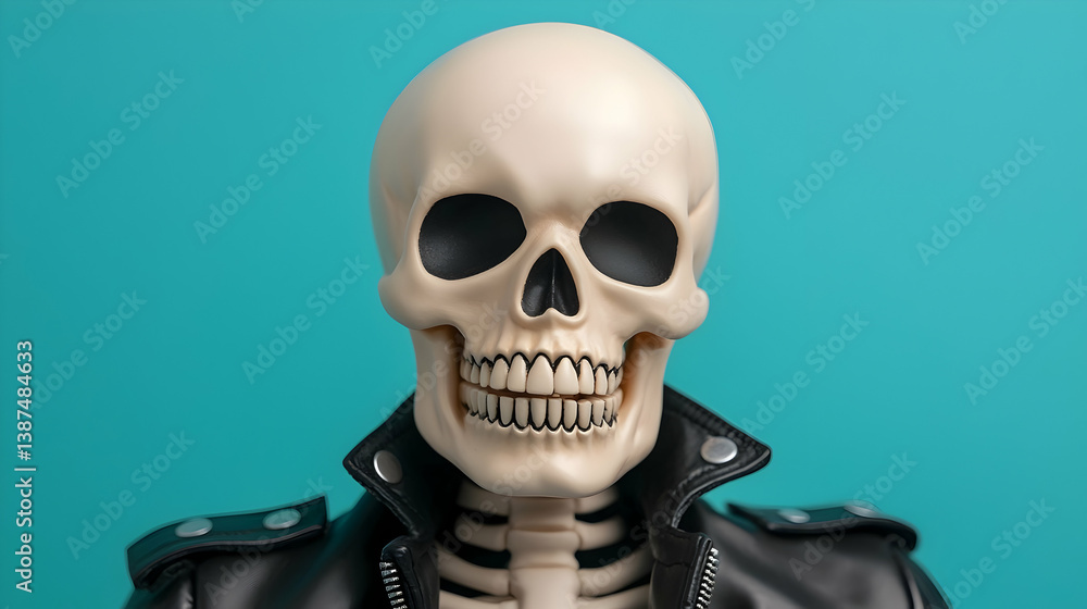 Closeup of a Plastic Skull Wearing a Black Leather Jacket Against a Teal Background Closeup of a Plastic Skull Wearing a Black Leather Jacket Against a Teal Background