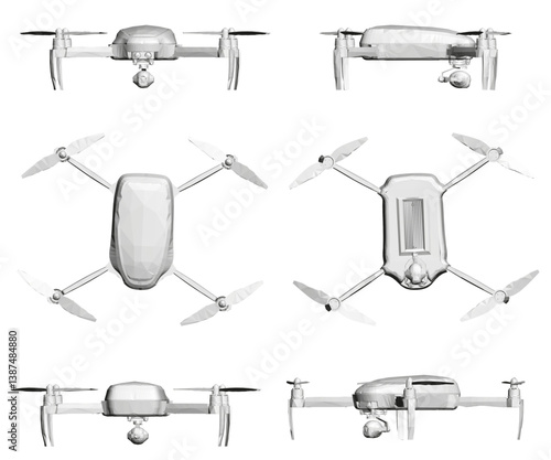 A series of images of a drone, each one showing a different angle. The drone is white and has a black and red logo on the side. The images are all in black and white, giving them a sleek