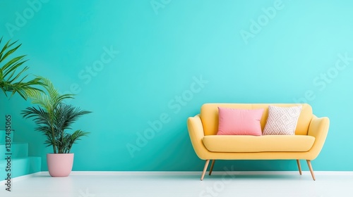 Yellow Sofa with Plants Minimalist Style High-Resolution Photography Front View Mid-Century Modern Design Relaxing Atmosphere Turquoise Wall Bright Cheerful Mood Ideal for Home Decor Ads