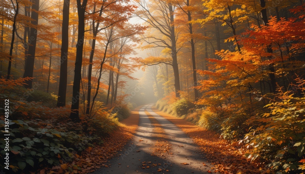 Fototapeta premium Serene Autumn Forest Path Golden Light, Vibrant Foliage, Misty Morning