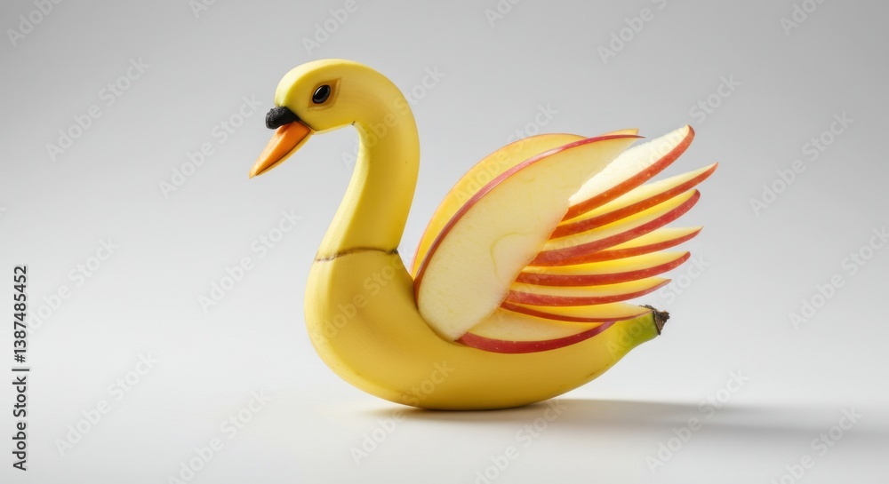Obraz premium Creative fruit art displays a banana crafted into a swan with apple wings on a plain background