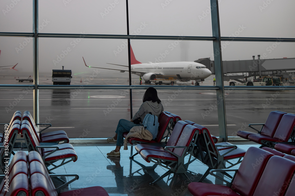 Obraz premium Silhouette of woman waiting for flight in the Airport-Busy airport airfield runway with group of airplanes queueing to departure heavy and fogy air traffic - istanbul airport, istanbul