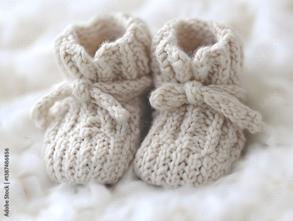 Adorable hand-knitted baby booties in creamy beige yarn create a cozy and charming image perfect for newborn photography or knitting patterns. Adorable hand-knitted baby booties in creamy beige yarn create a cozy and charming image perfect for newborn photography or knitting patterns.