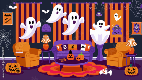 Embrace the Halloween spirit with this cozy living room scene featuring playful floating ghosts, pumpkins, and cheerful decorations. Perfect for festive themes!