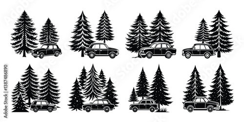 Vector silhouette tree set of pine trees