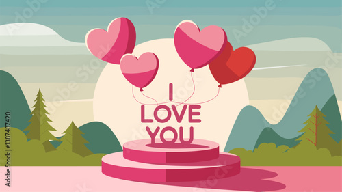A whimsical illustration featuring heart-shaped balloons and the phrase 'I Love You' on a pedestal, set against a serene mountain backdrop.