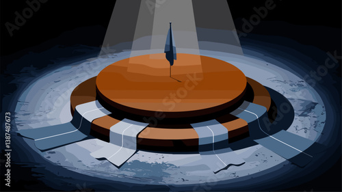 A minimalistic illustration featuring a circular wooden pedestal with a flag, illuminated by a spotlight. Ideal for concepts of achievement, recognition, or presentation.