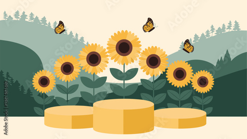 A picturesque illustration featuring vibrant sunflowers and butterflies against a serene landscape, ideal for nature-themed projects.