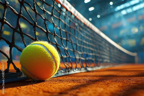 Close-up of a bright yellow tennis ball touching the net on a clay court, with stadium lights in the background, capturing the intensity and pause of a professional tennis match