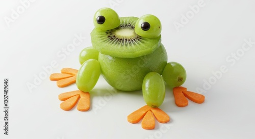 Creative fruit arrangement resembles a frog made from kiwifruit, green grapes, and carrots on a white background