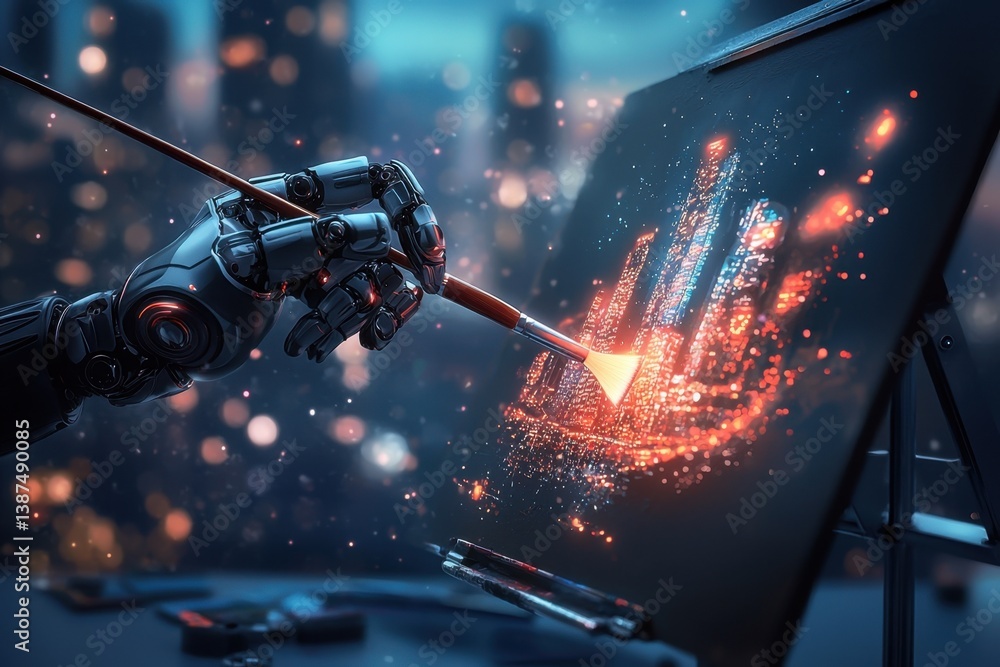 Robotics in action a robot artist painting a futuristic cityscape urban environment digital artwork high-tech viewpoint creative innovation Robotics in action a robot artist painting a futuristic cityscape urban environment digital artwork high-tech viewpoint creative innovation