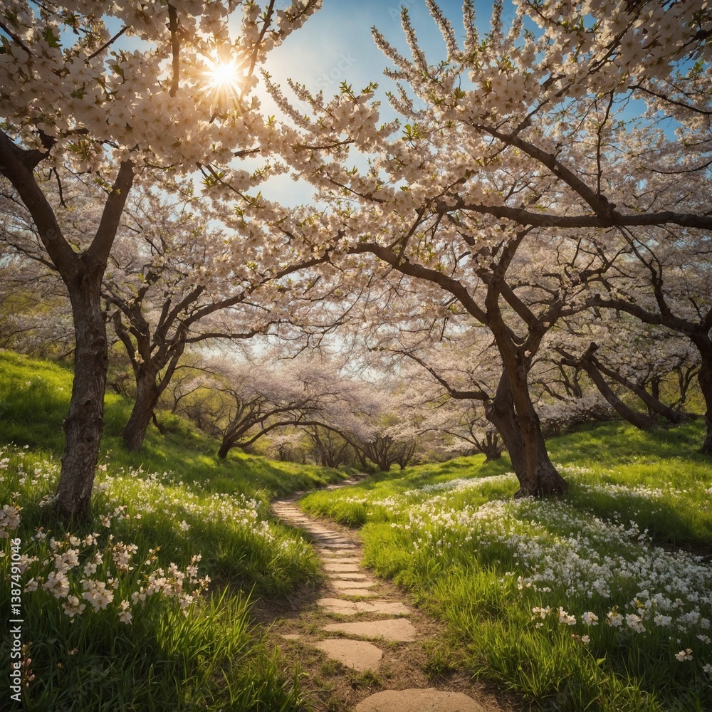 Winding path meanders through tranquil grove of blooming cherry trees, their delicate pink blossoms forming vibrant canopy against clear blue sky. Sunlight filters through petals. Winding path meanders through tranquil grove of blooming cherry trees, their delicate pink blossoms forming vibrant canopy against clear blue sky. Sunlight filters through petals.