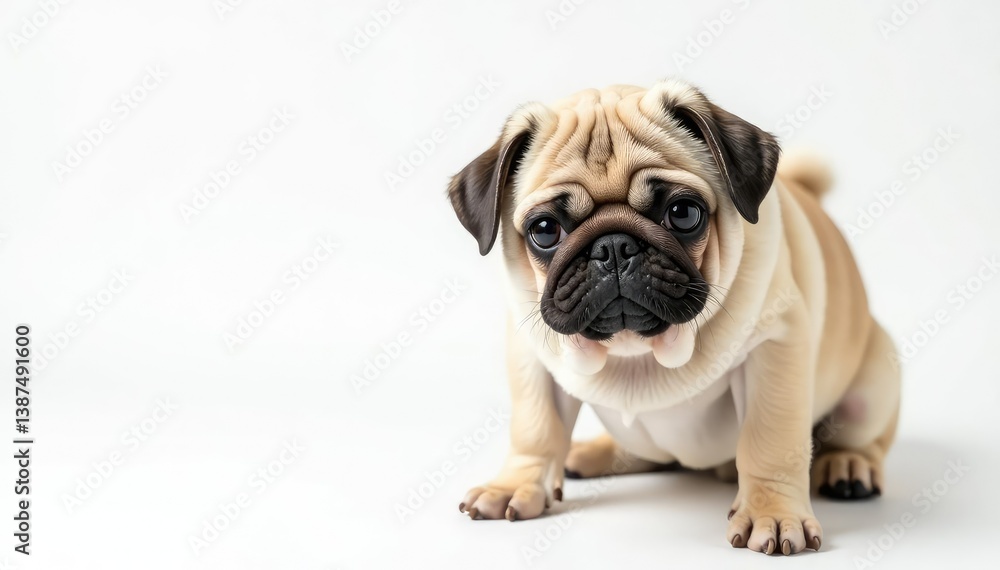 Wrinkled pug, facing forward, pure white backdrop, face, wrinkles, close-up