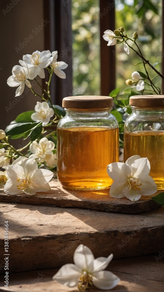 Obraz premium Two glass jars filled with golden liquid, possibly honey, placed on wooden surface near window with sunlight streaming through. Surrounding jars delicate white flowers with yellow centers.
