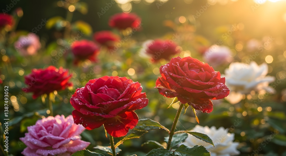 Obraz premium Dew-kissed roses glow in warm sunlight.