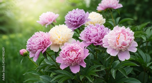 Fototapeta Naklejka Na Ścianę i Meble -  Lush peonies in bloom, showcasing soft pink, purple, and cream hues against a blurred garden backdrop.
