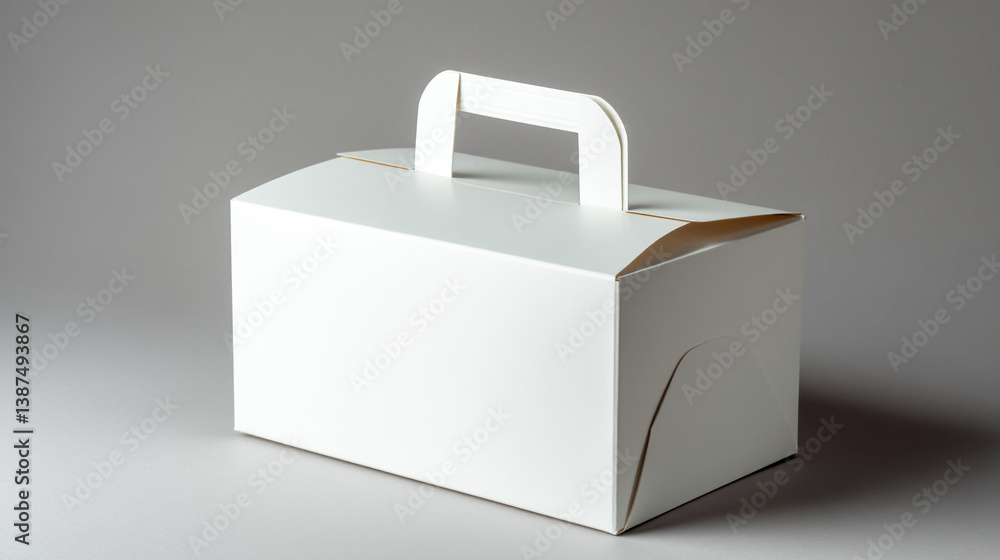 A simple white cardboard box with a handle on a gray background in a studio setting A simple white cardboard box with a handle on a gray background in a studio setting