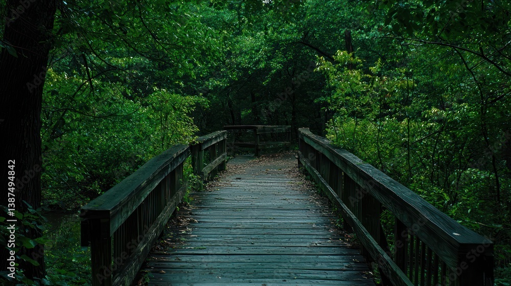 Fototapeta premium Serene Woodland Bridge: A Tranquil Path Through Lush Greenery