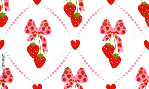 Seamless pattern strawberry and cute coquette ribbon on white background. Vector illustration.