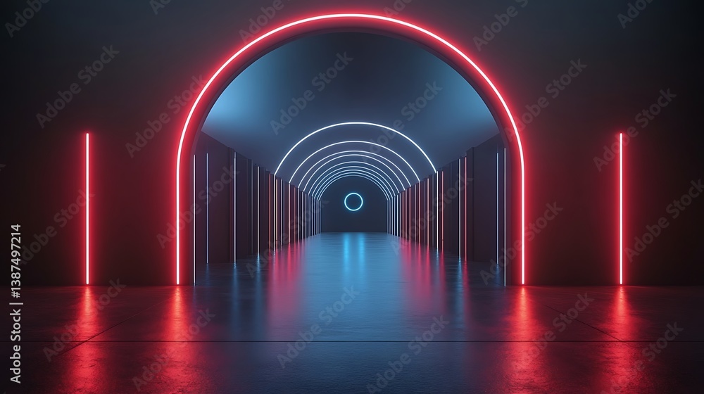 Futuristic hallway with neon red and blue lights, creating an immersive depth. Dark, sleek design Futuristic hallway with neon red and blue lights, creating an immersive depth. Dark, sleek design