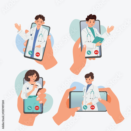 Telemedicine graphic with kind doctor cartoon character on technology for diagnose and communicate with patient. Flat vector illustration.