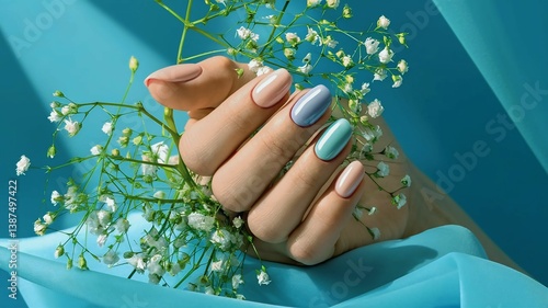 Obraz na płótnie Minimalistic Pastel Manicure with Botanical Charm w salonie
