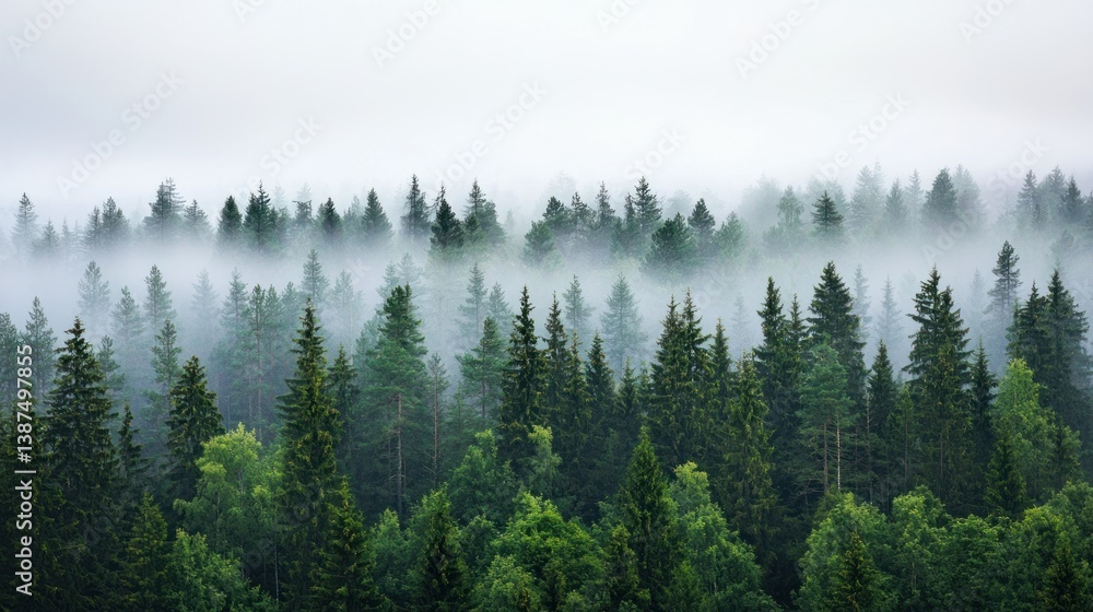 Obraz premium Misty Evergreen Forest: A Serene Panorama