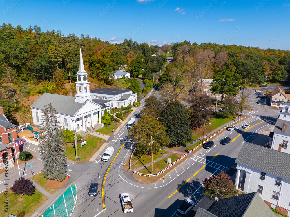 Sterling historic town center aerial view including Conant Free Public Library, Town Hall and First Church at Town Common, Sterling, Massachusetts MA, USA.