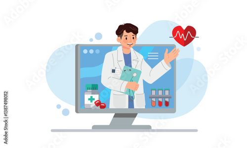 Telemedicine graphic with kind doctor cartoon character on technology for diagnose and communicate with patient. Flat vector illustration.